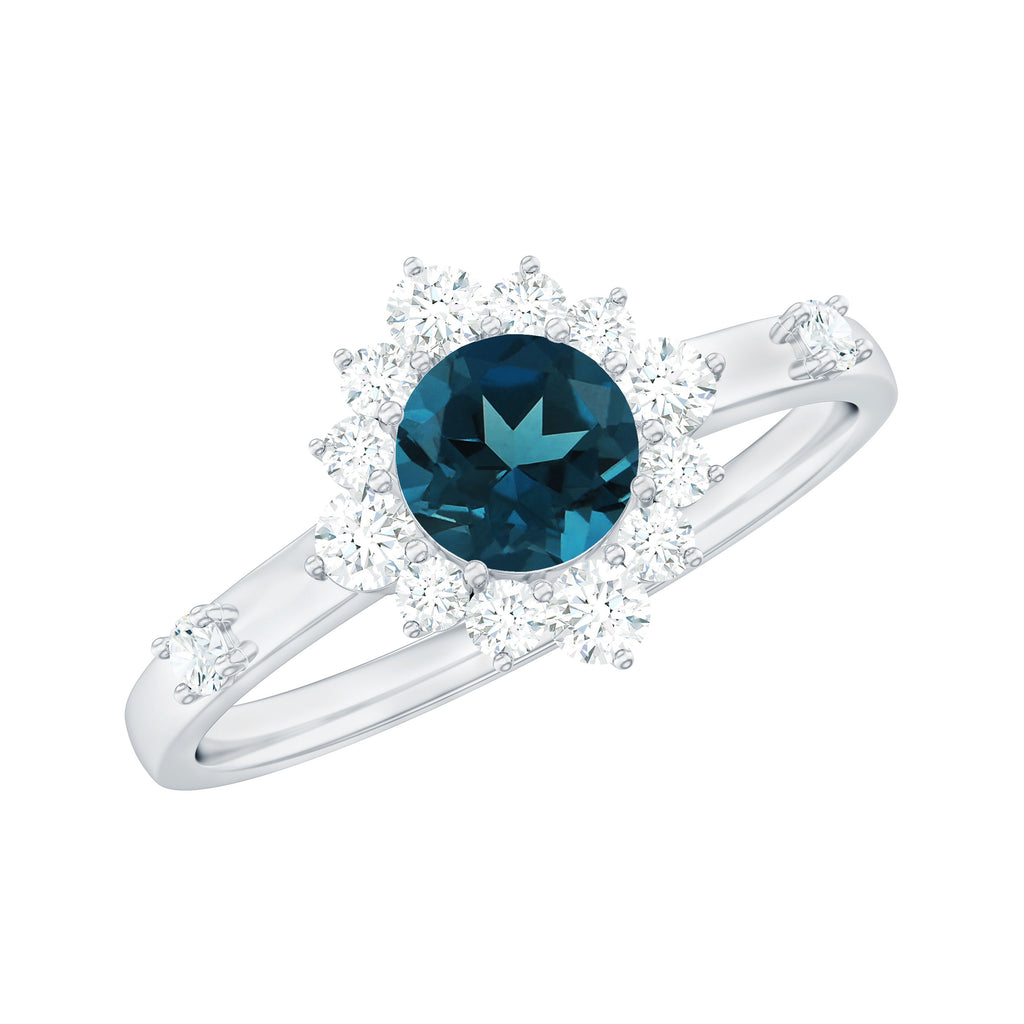 1 CT Round London Blue Topaz and Diamond Halo Engagement Ring London Blue Topaz - ( AAA ) - Quality - Rosec Jewels