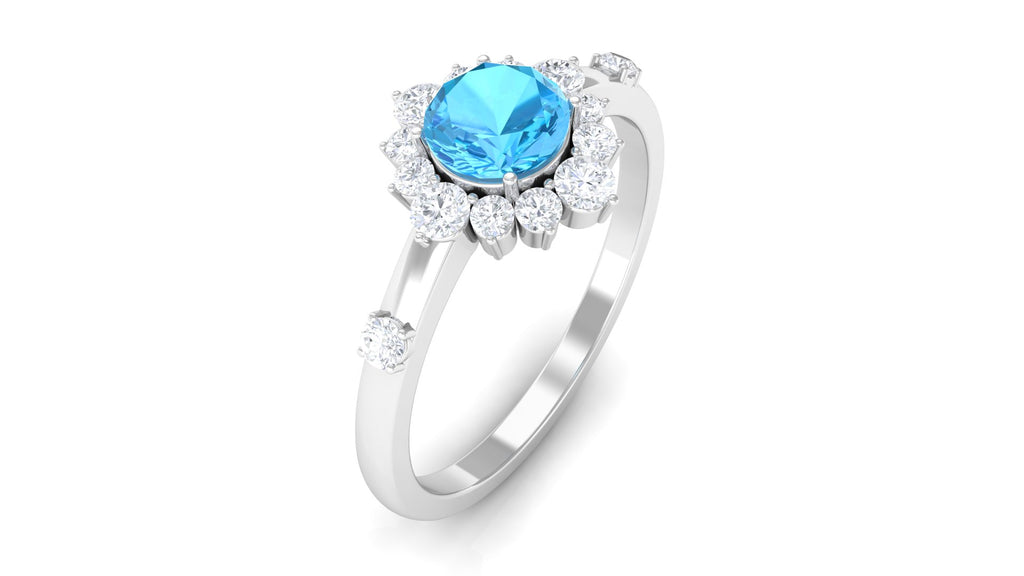 1 CT Round Swiss Blue Topaz and Diamond Halo Engagement Ring Swiss Blue Topaz - ( AAA ) - Quality - Rosec Jewels