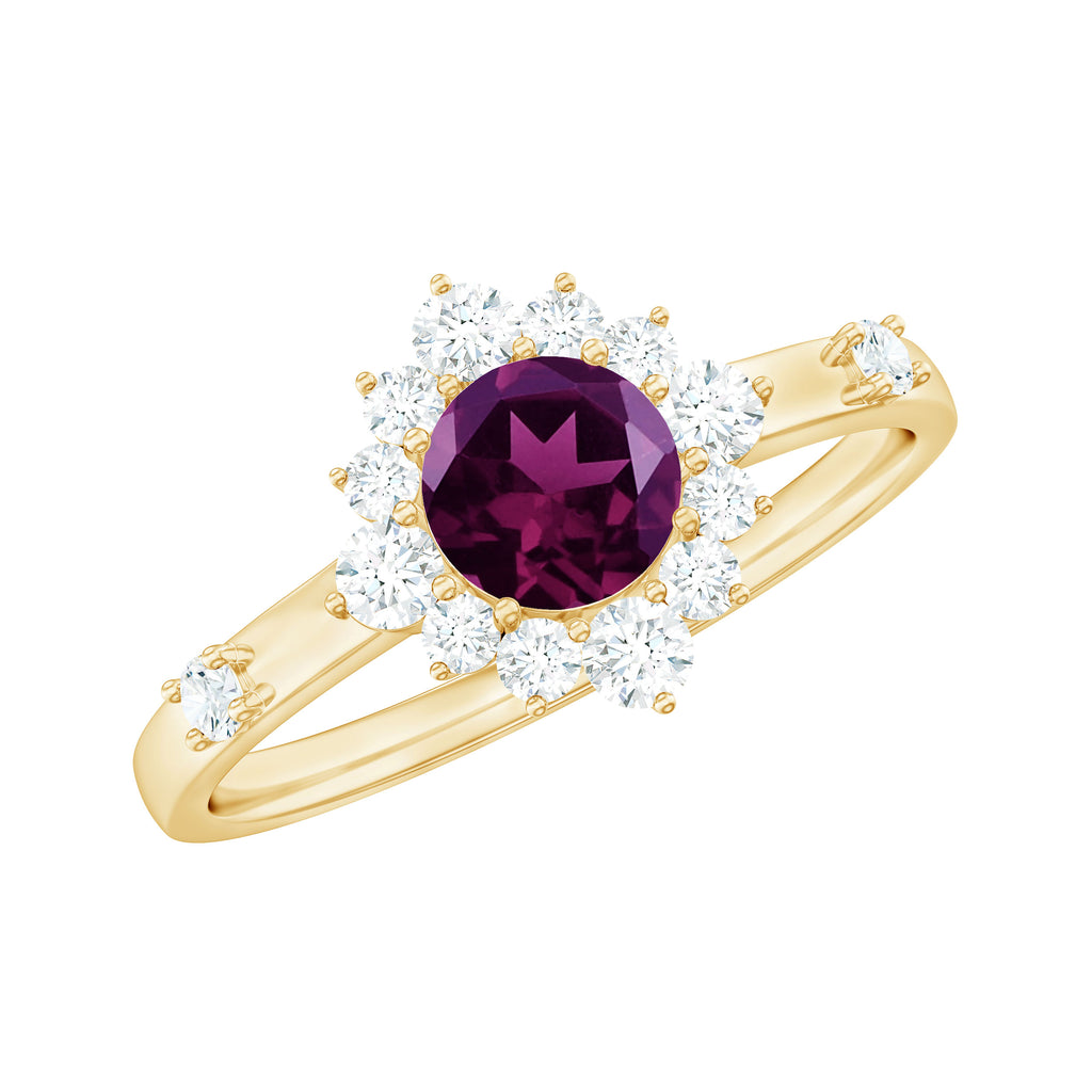 1 CT Round Rhodolite and Diamond Halo Engagement Ring Rhodolite - ( AAA ) - Quality - Rosec Jewels