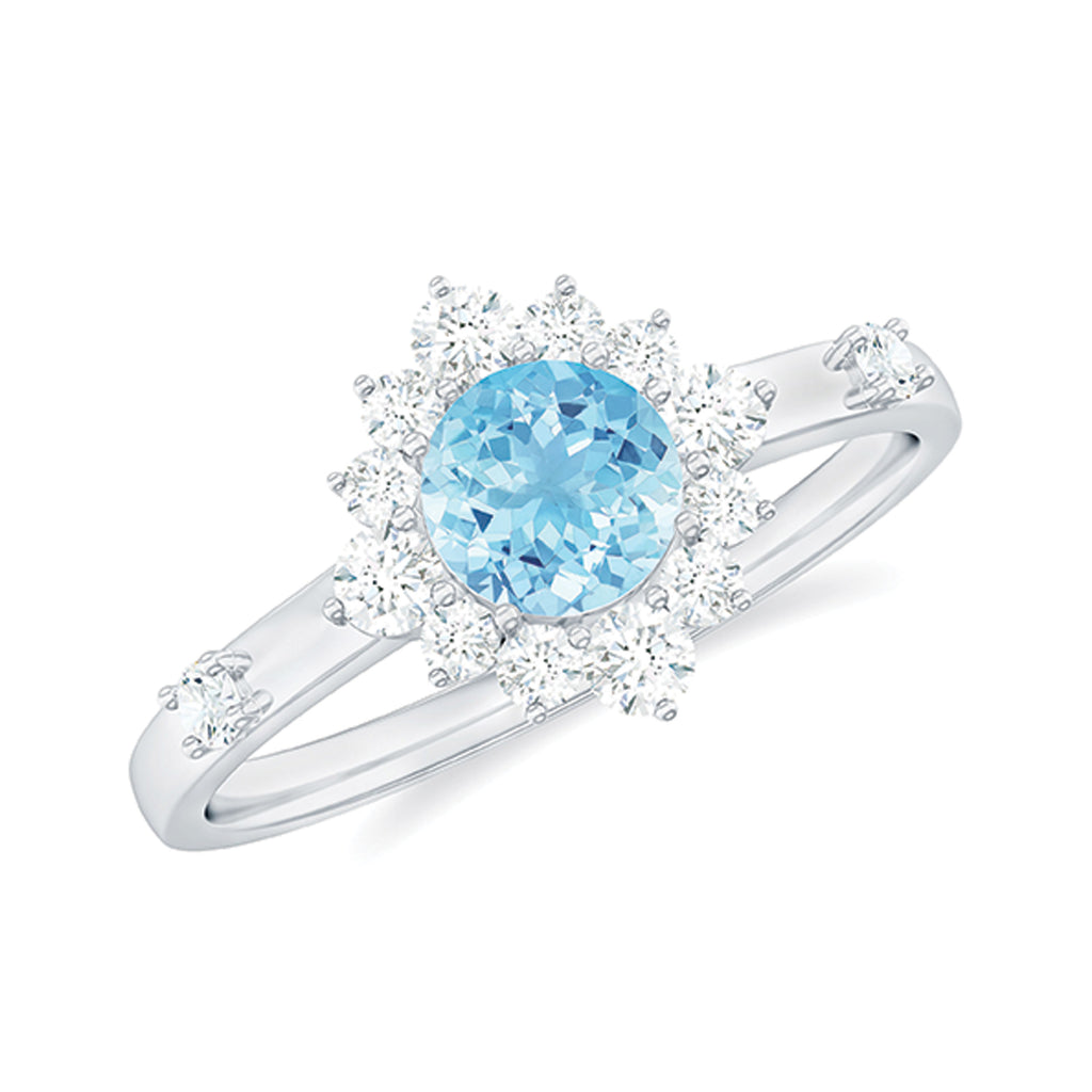 Round Aquamarine and Diamond Classic Halo Ring Aquamarine - ( AAA ) - Quality - Rosec Jewels