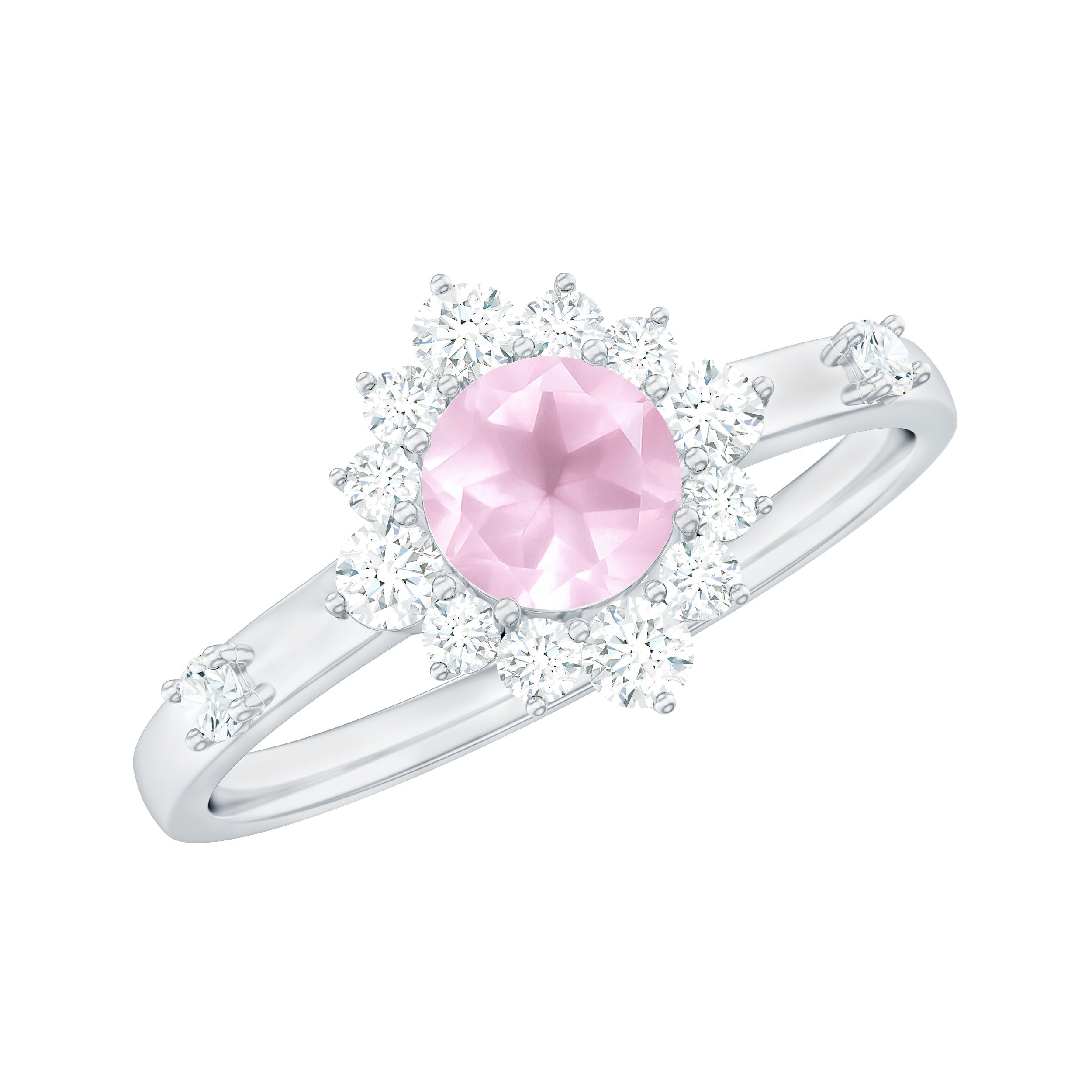 Round Rose Quartz Classic Halo Engagement Ring with Diamond Rose Quartz - ( AAA ) - Quality - Rosec Jewels