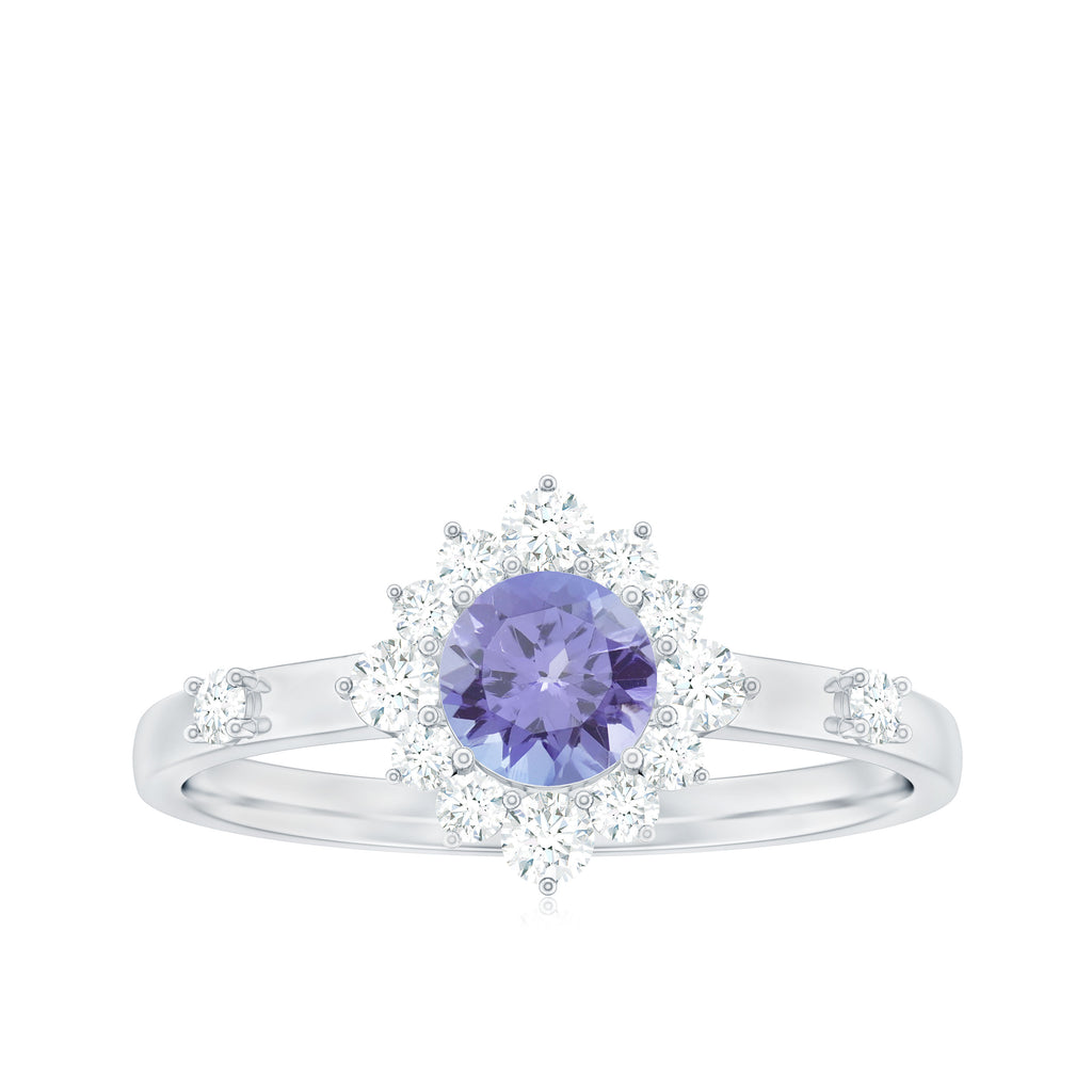 1 CT Round Tanzanite and Diamond Halo Engagement Ring Tanzanite - ( AAA ) - Quality - Rosec Jewels