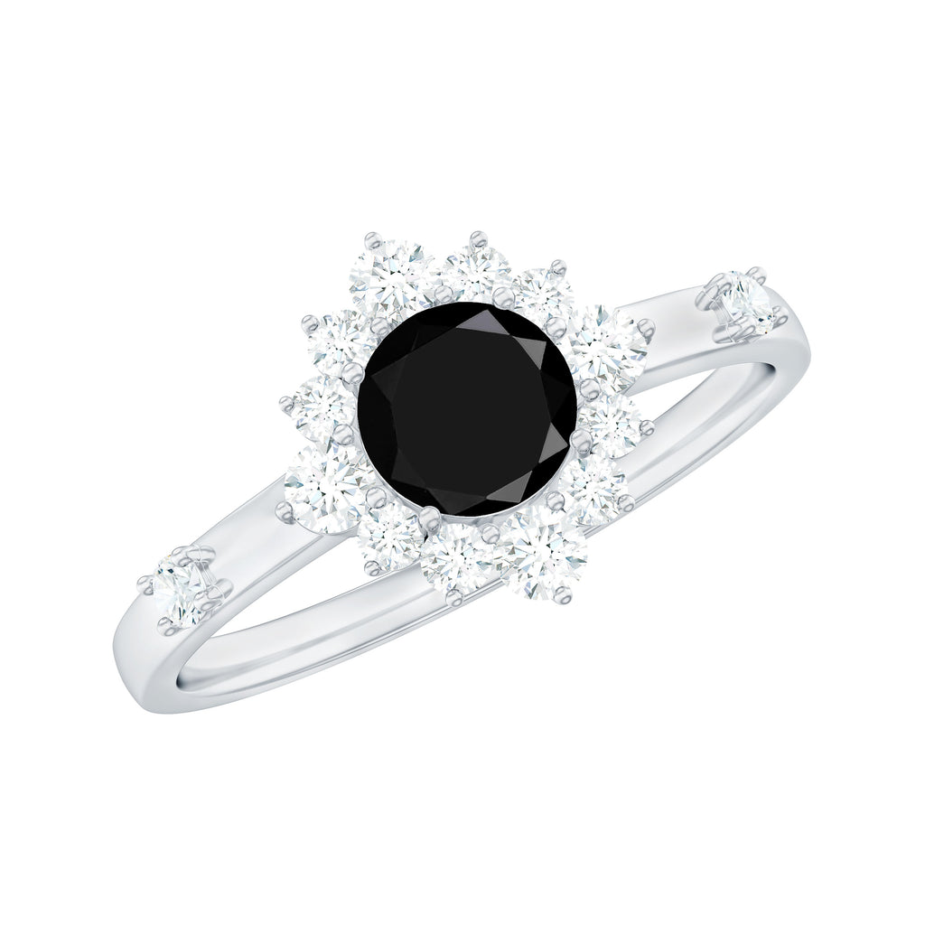1 CT Round Black Spinel and Diamond Halo Engagement Ring Black Spinel - ( AAA ) - Quality - Rosec Jewels