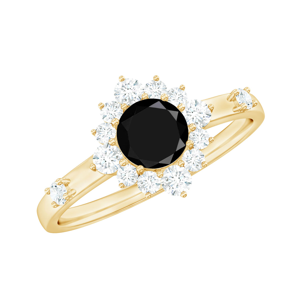 1 CT Round Black Spinel and Diamond Halo Engagement Ring Black Spinel - ( AAA ) - Quality - Rosec Jewels