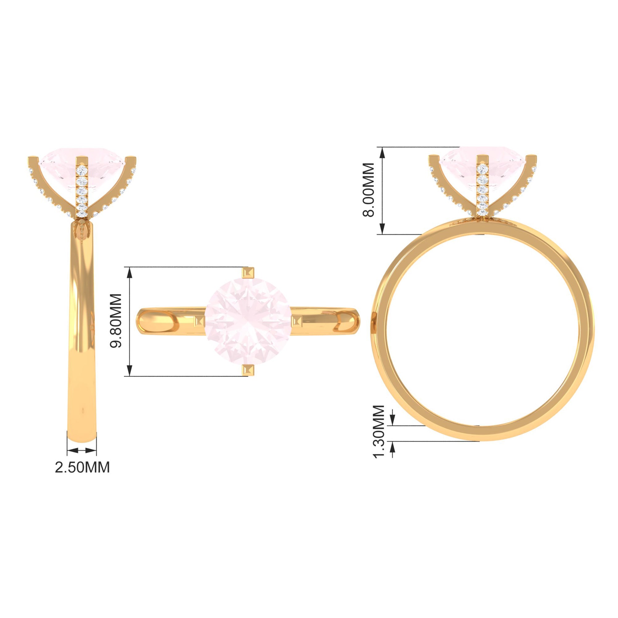 2 CT Classic Round Rose Quartz Solitaire Ring with Diamond Rose Quartz - ( AAA ) - Quality - Rosec Jewels