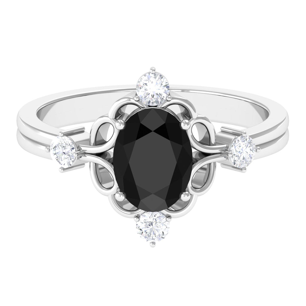 Oval Cut Solitaire Created Black Diamond Engagement Ring with Diamond Lab Created Black Diamond - ( AAAA ) - Quality - Rosec Jewels