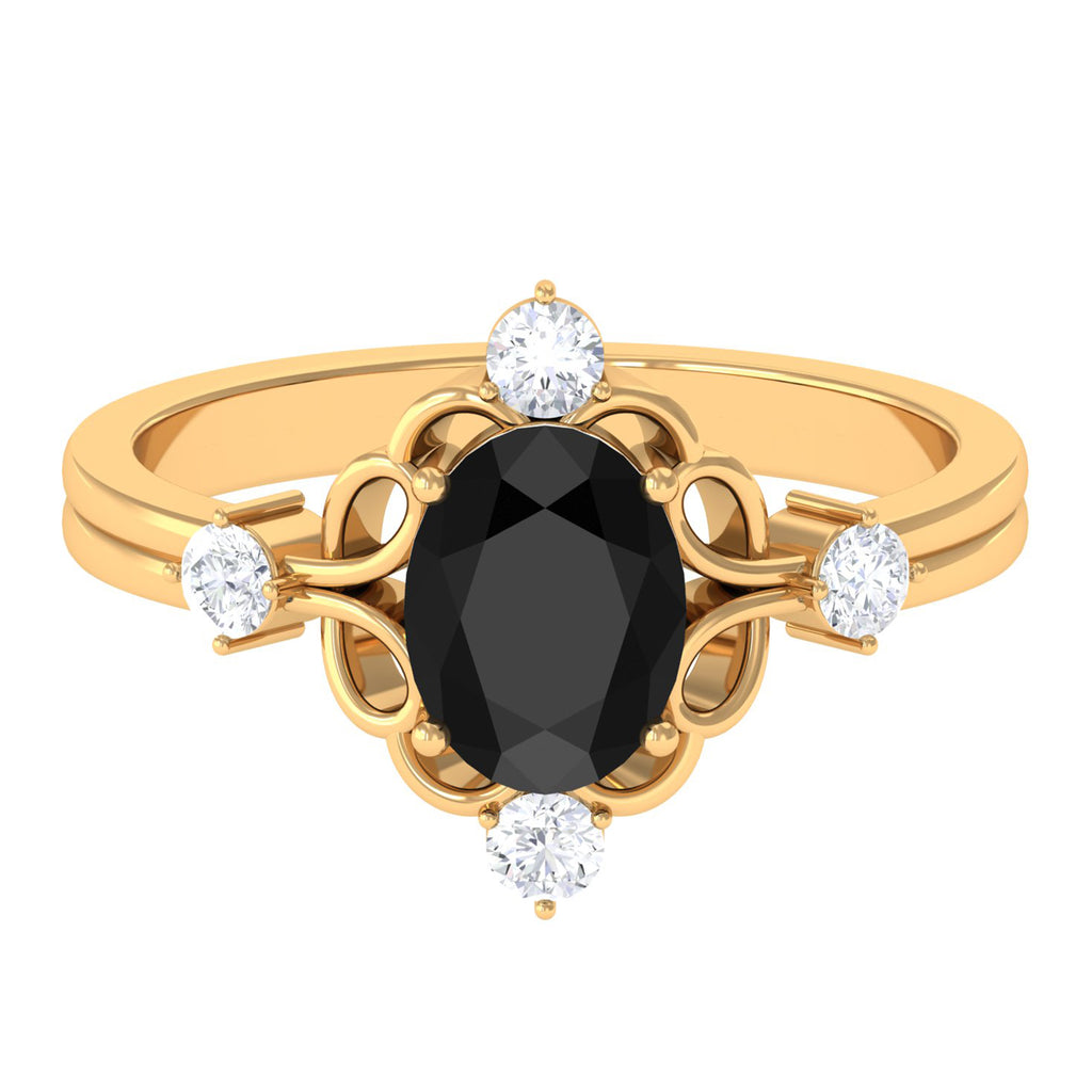 Oval Cut Solitaire Created Black Diamond Engagement Ring with Diamond Lab Created Black Diamond - ( AAAA ) - Quality - Rosec Jewels