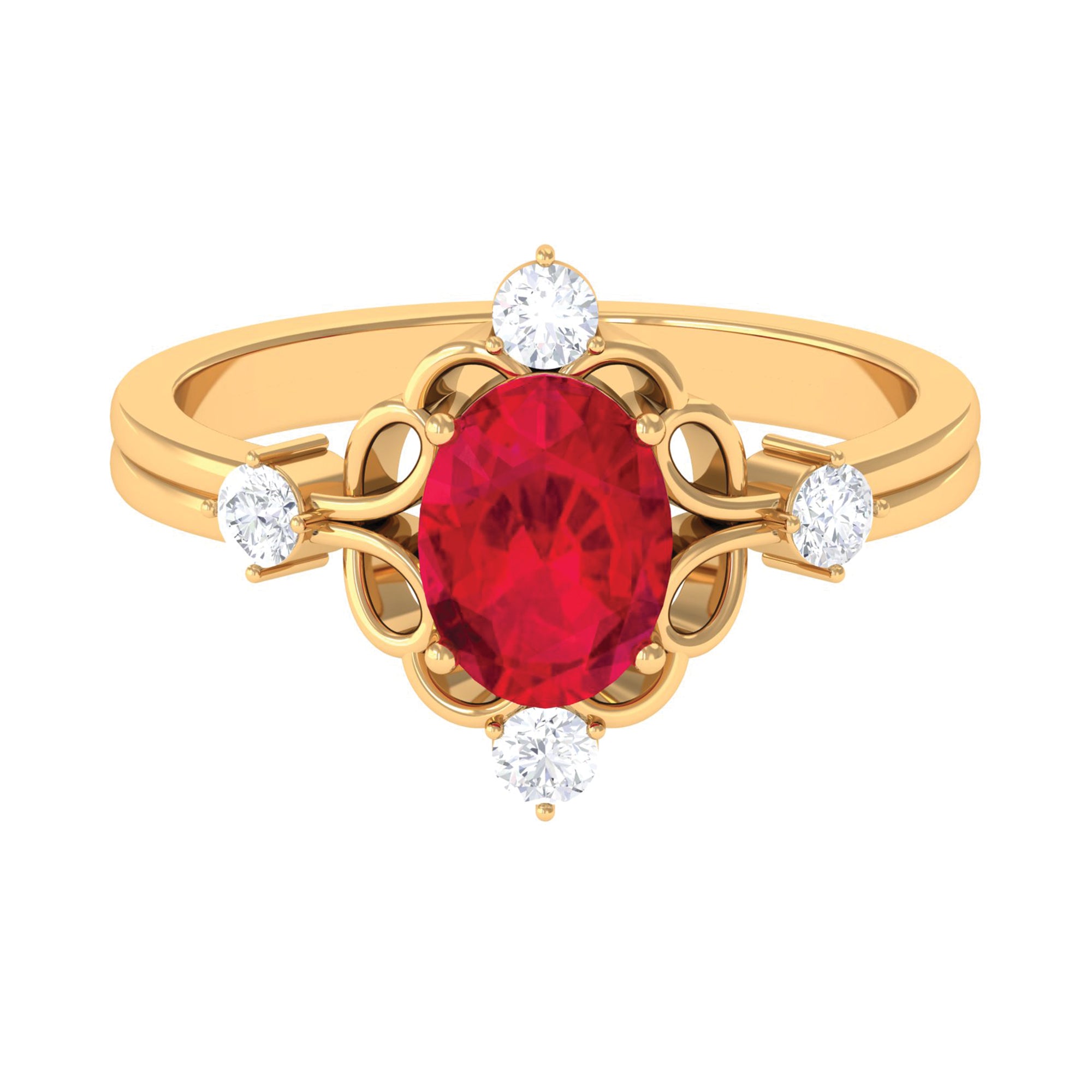 Oval Cut Created Ruby Solitaire Cocktail Ring with Diamond Lab Created Ruby - ( AAAA ) - Quality - Rosec Jewels
