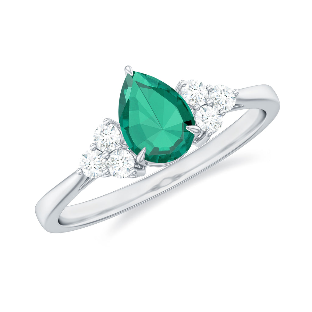 Pear Shaped Created Emerald Solitaire Engagement Ring with Diamond Trio Lab Created Emerald - ( AAAA ) - Quality - Rosec Jewels