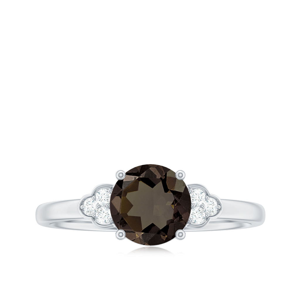 Smoky Quartz Solitaire Engagement Ring with Diamond Trio Smoky Quartz - ( AAA ) - Quality - Rosec Jewels
