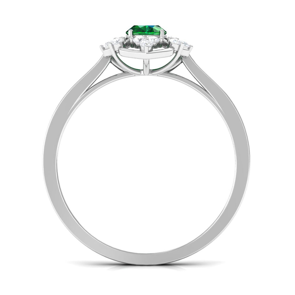 Vintage Style Created Emerald and Diamond Flower Engagement Ring Lab Created Emerald - ( AAAA ) - Quality - Rosec Jewels