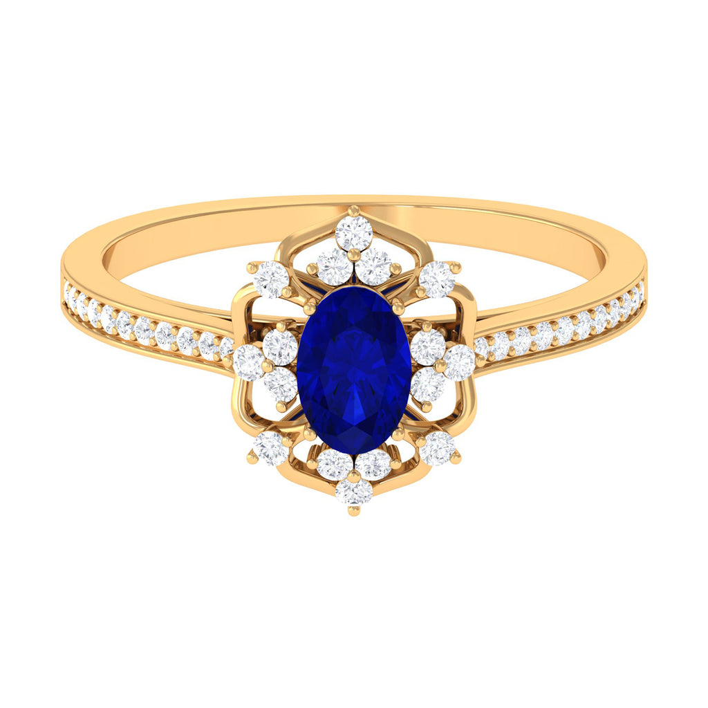 Vintage Style Created Blue Sapphire and Diamond Flower Engagement Ring Lab Created Blue Sapphire - ( AAAA ) - Quality - Rosec Jewels