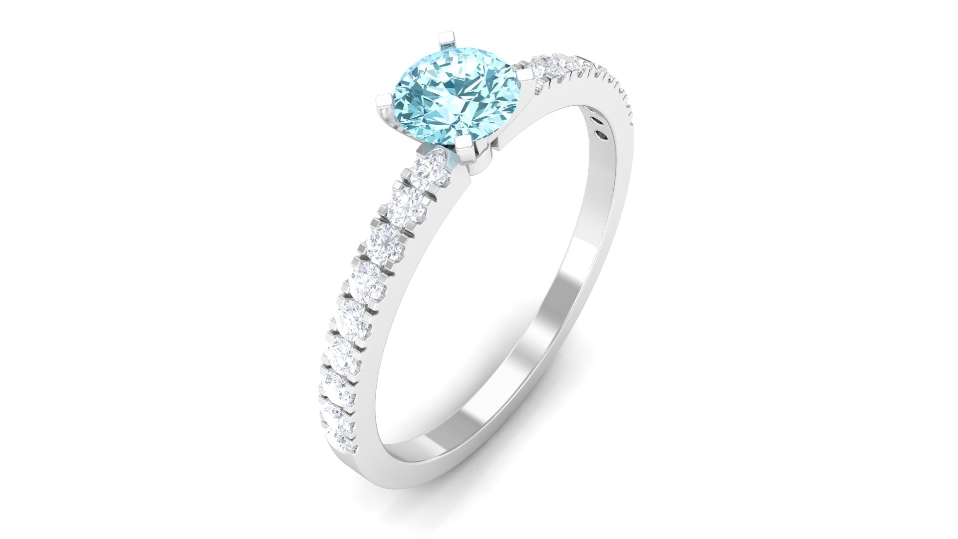 Simple Round Aquamarine Solitaire Ring with Diamond Side Stones Aquamarine - ( AAA ) - Quality - Rosec Jewels