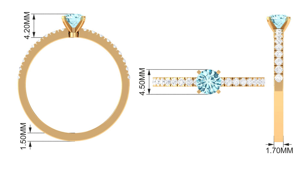 Simple Round Aquamarine Solitaire Ring with Diamond Side Stones Aquamarine - ( AAA ) - Quality - Rosec Jewels