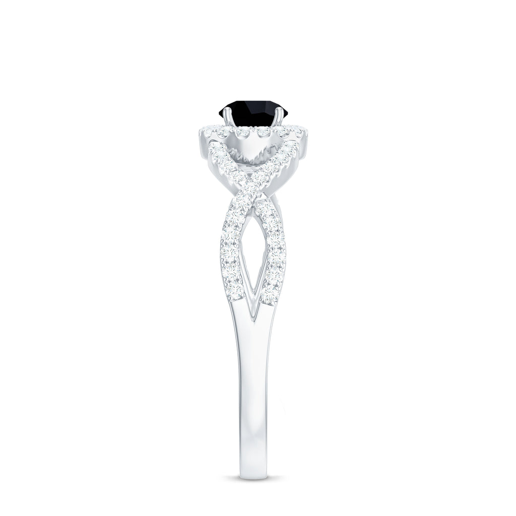 Criss Cross Shank Created Black Diamond and Diamond Halo Engagement Ring Lab Created Black Diamond - ( AAAA ) - Quality - Rosec Jewels