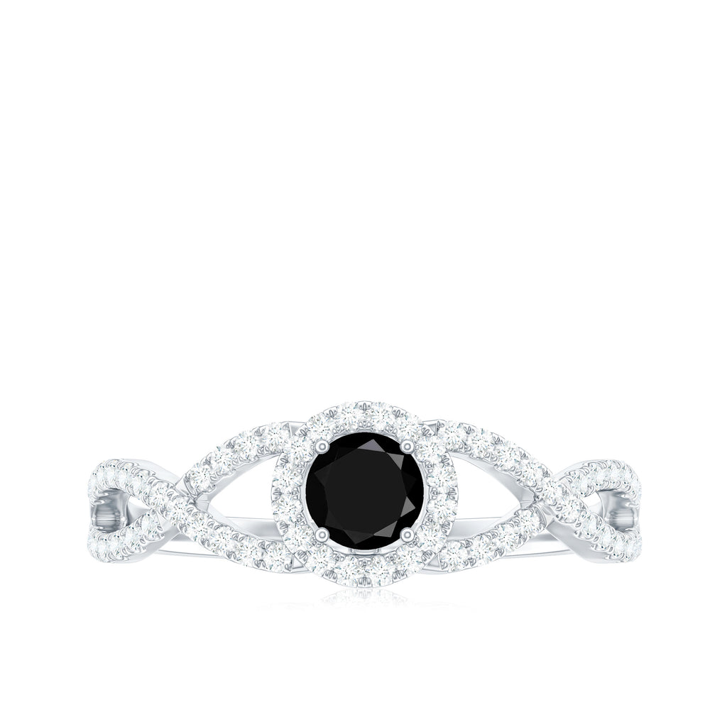 Criss Cross Shank Created Black Diamond and Diamond Halo Engagement Ring Lab Created Black Diamond - ( AAAA ) - Quality - Rosec Jewels