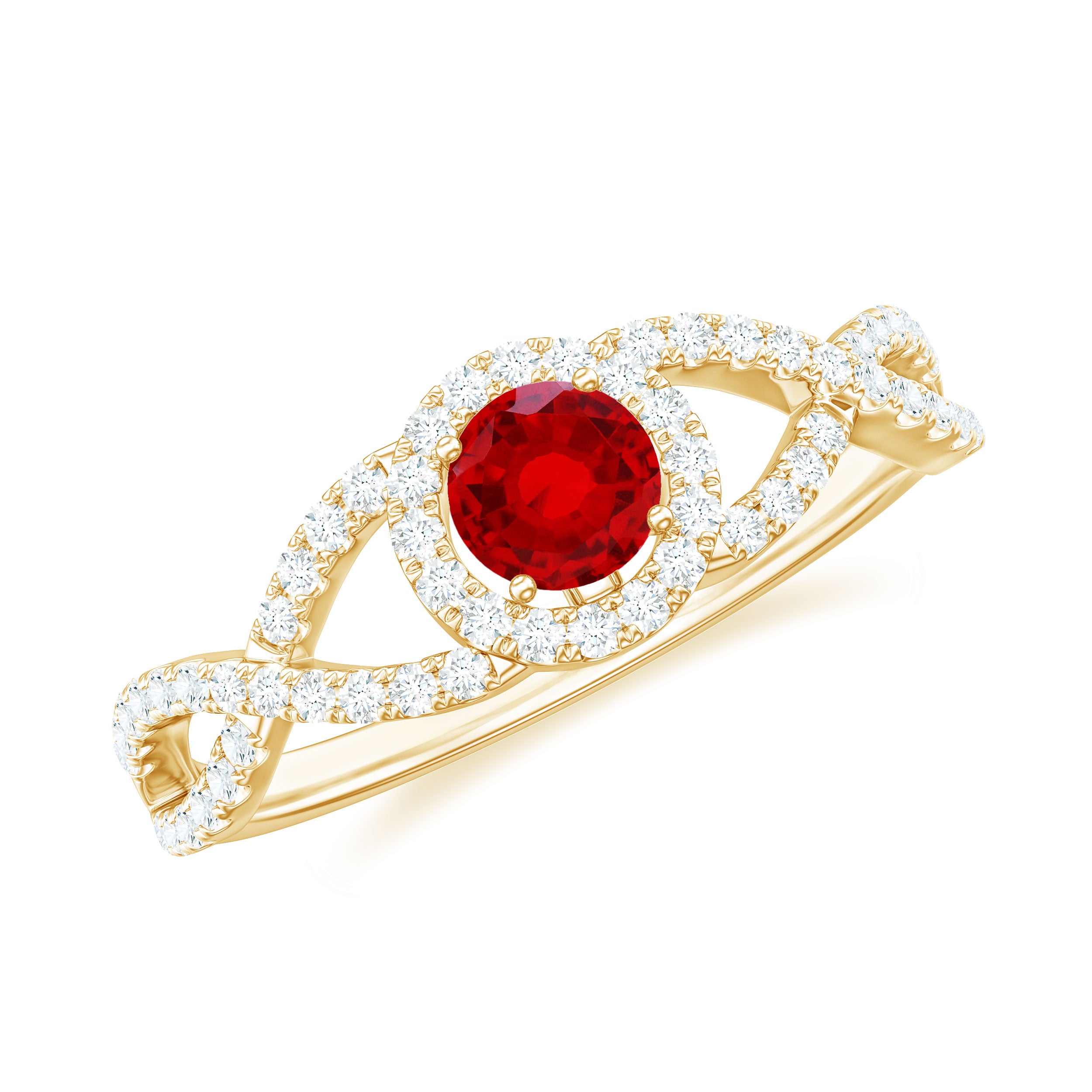 Criss Cross Shank Lab-Created Ruby and Diamond Halo Engagement Ring Lab Created Ruby - ( AAAA ) - Quality - Rosec Jewels