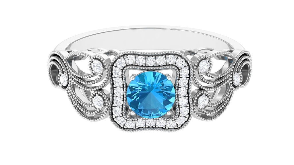 Swiss Blue Topaz Vintage Style Engagement Ring with Diamond Swiss Blue Topaz - ( AAA ) - Quality - Rosec Jewels