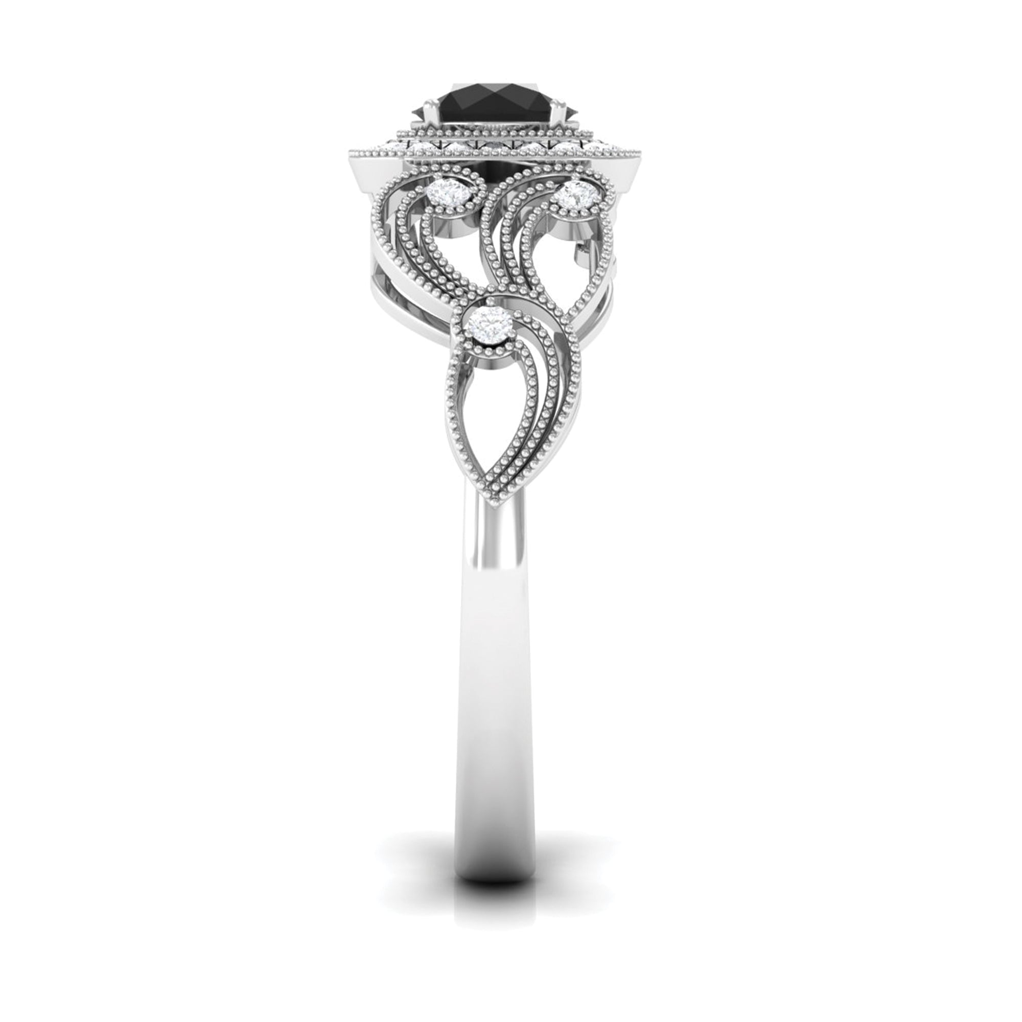 Vintage Created Black Diamond and Diamond Milgrain Engagement Ring Lab Created Black Diamond - ( AAAA ) - Quality - Rosec Jewels