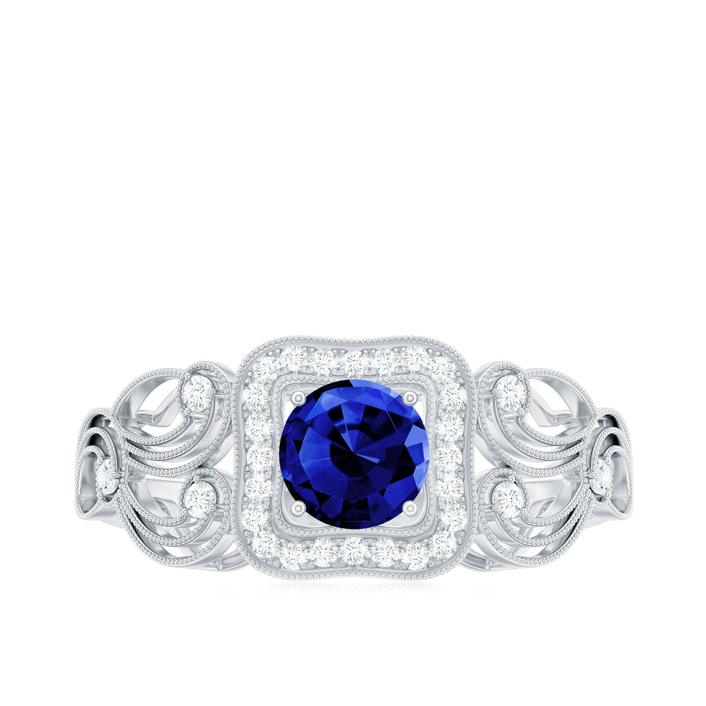 Vintage Created Blue Sapphire and Diamond Milgrain Engagement Ring Lab Created Blue Sapphire - ( AAAA ) - Quality - Rosec Jewels