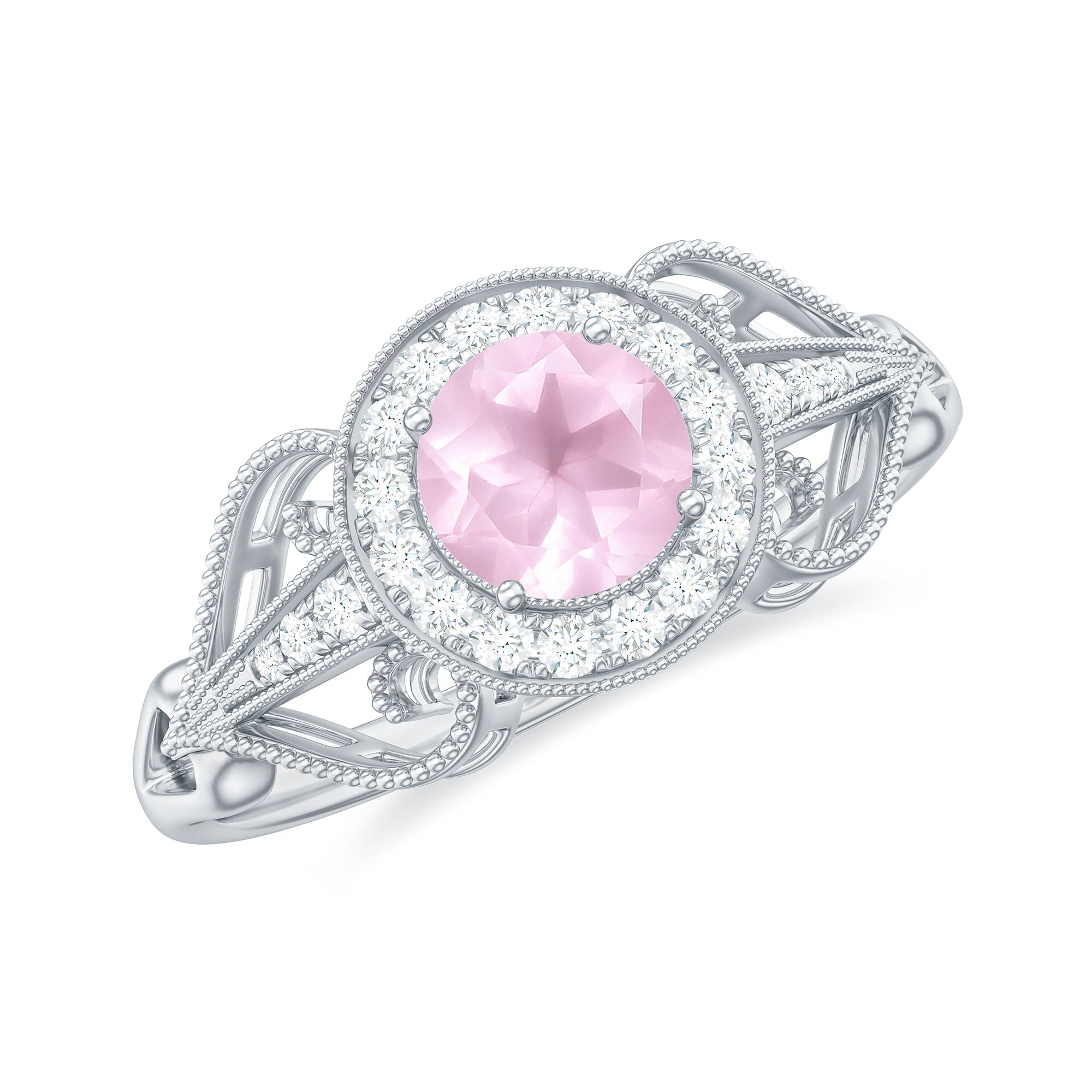 Vintage Rose Quartz Diamond Engagement Ring with Beaded Detail Rose Quartz - ( AAA ) - Quality - Rosec Jewels