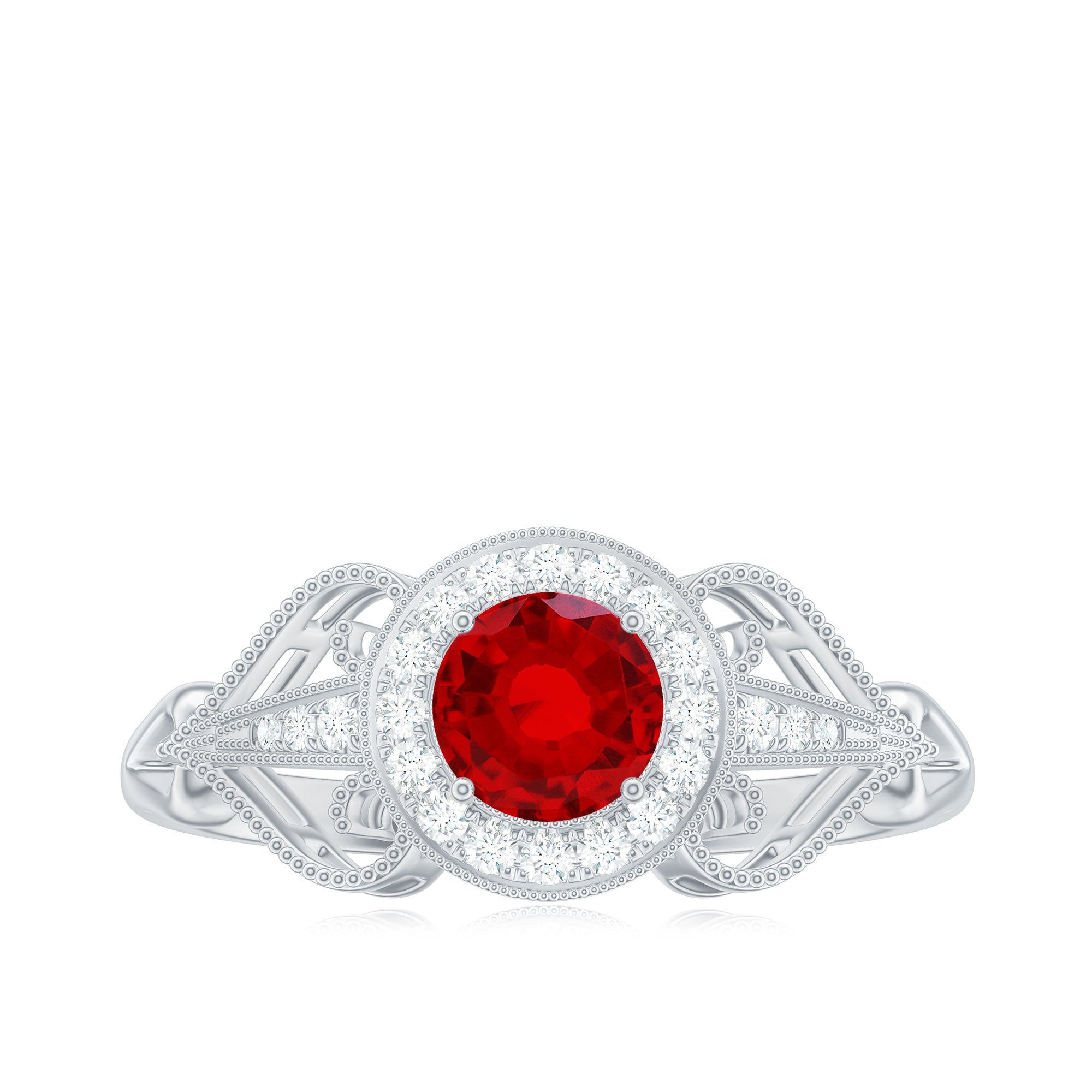 Vintage Created Ruby Diamond Engagement Ring Lab Created Ruby - ( AAAA ) - Quality - Rosec Jewels