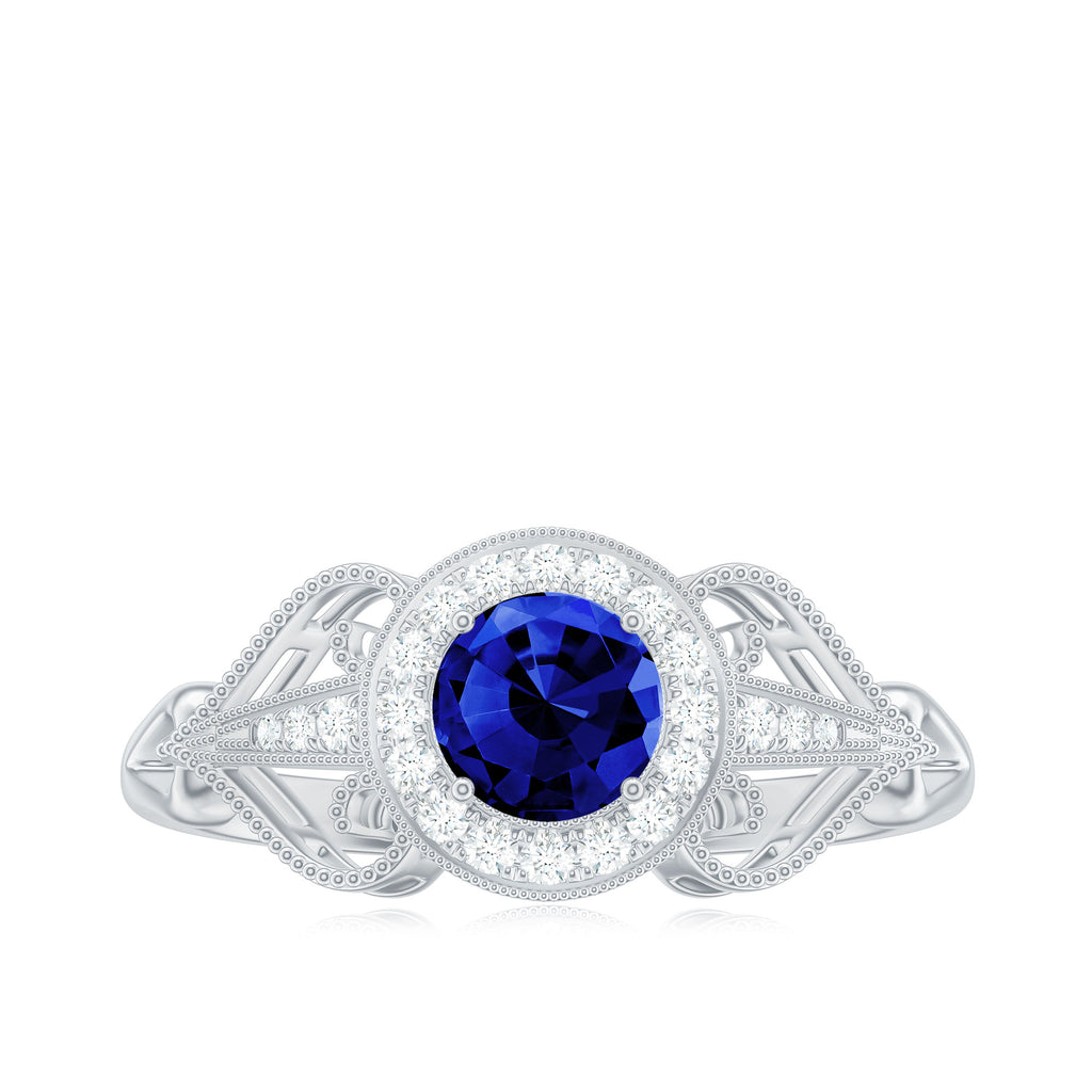 Vintage Lab-Created Blue Sapphire Diamond Engagement Ring Lab Created Blue Sapphire - ( AAAA ) - Quality - Rosec Jewels