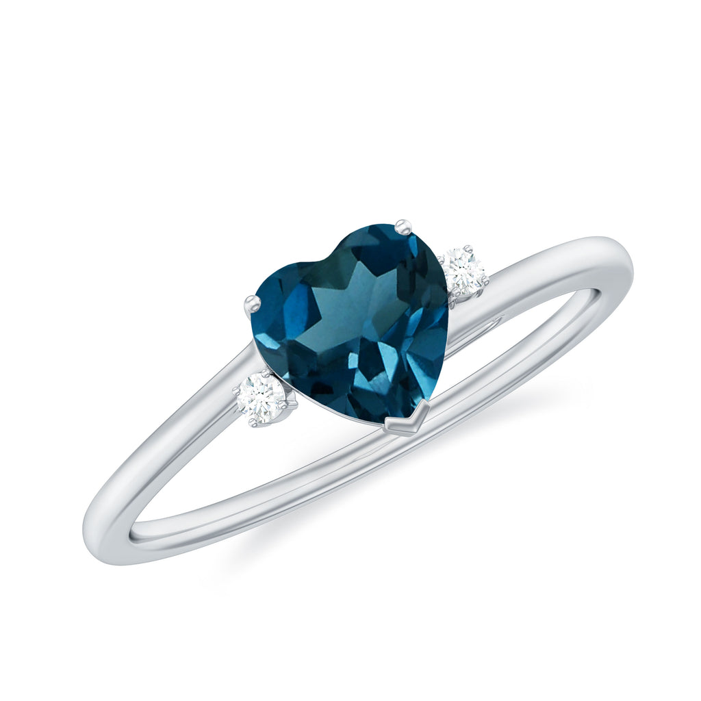 Real London Blue Topaz Heart Solitaire Promise Ring with Diamond London Blue Topaz - ( AAA ) - Quality - Rosec Jewels