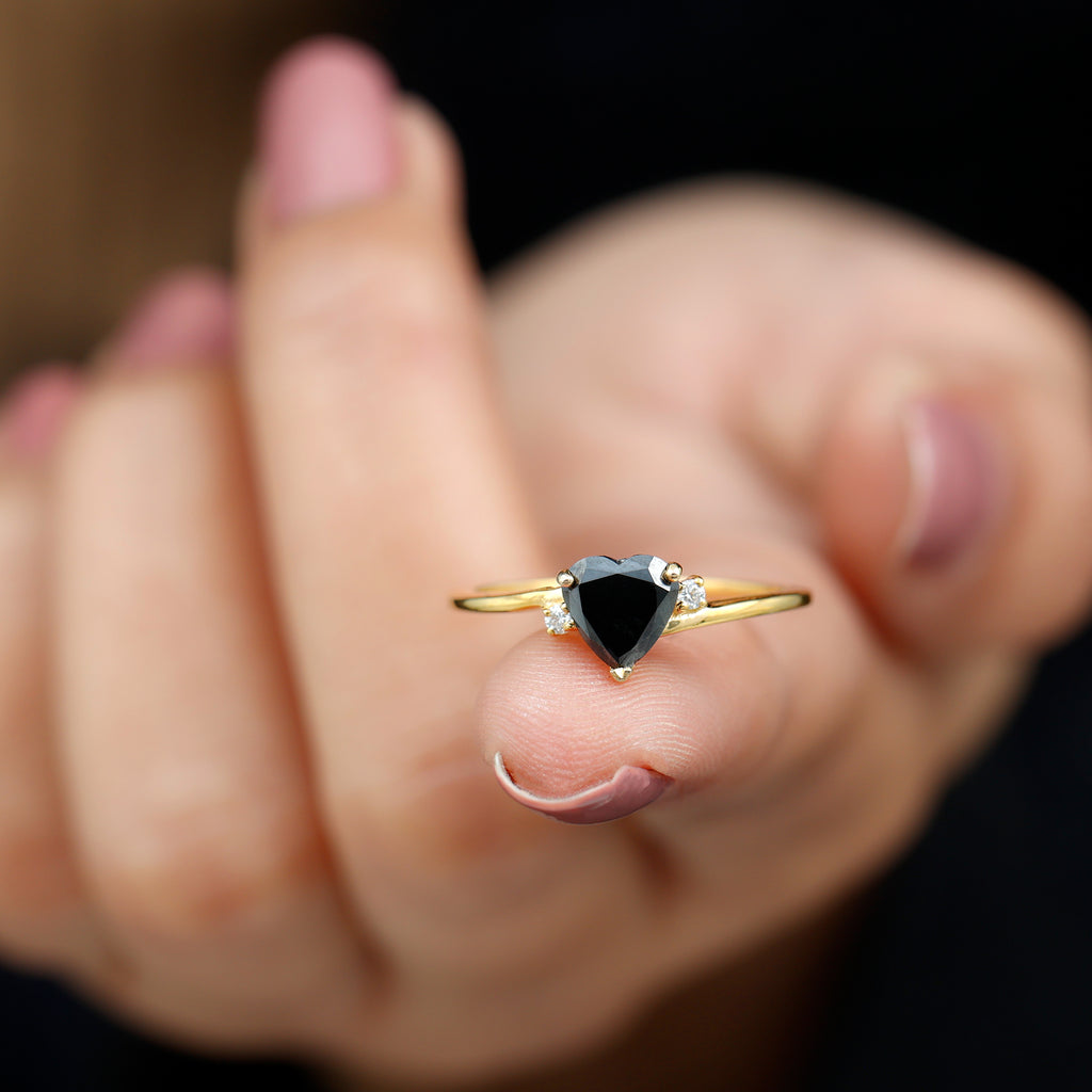 1 CT Heart Shape Created Black Diamond Solitaire Promise Ring with Diamond Lab Created Black Diamond - ( AAAA ) - Quality - Rosec Jewels