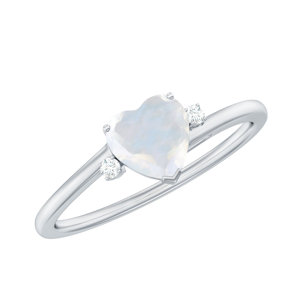 Heart Shape Real Moonstone Solitaire Promise Ring with Diamond Moonstone - ( AAA ) - Quality - Rosec Jewels