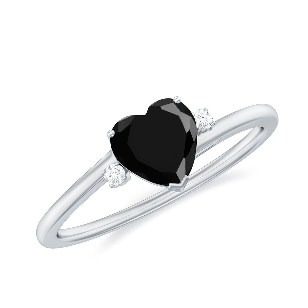 Heart Shape Black Onyx Solitaire Promise Ring with Diamond Black Onyx - ( AAA ) - Quality - Rosec Jewels