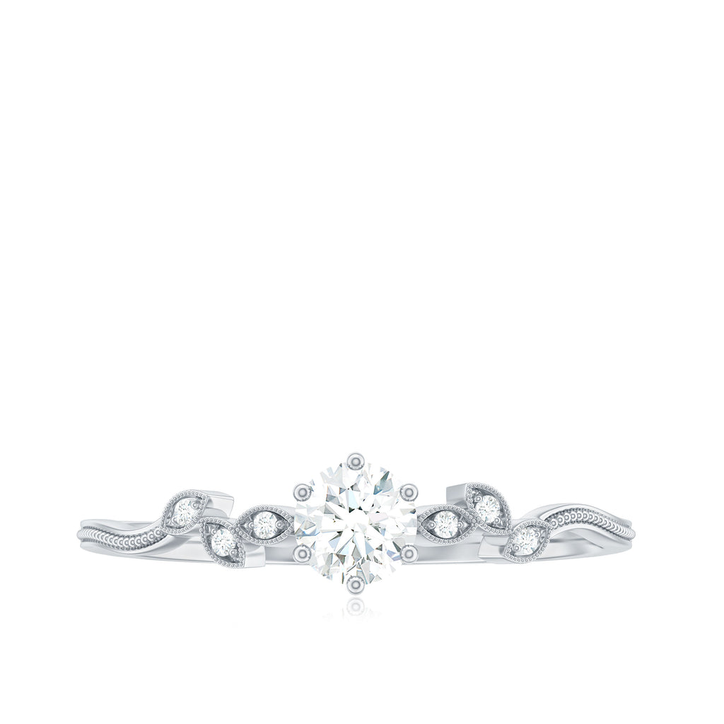 Minimal Moissanite Leaf Promise Ring with Beaded Gold Moissanite - ( D-VS1 ) - Color and Clarity - Rosec Jewels