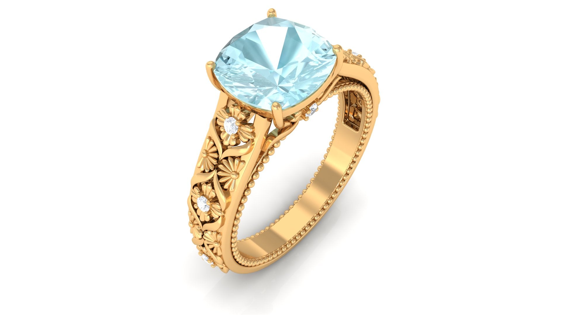 Cushion Cut Solitaire Sky Blue Topaz and Diamond Floral Engagement Ring Sky Blue Topaz - ( AAA ) - Quality - Rosec Jewels