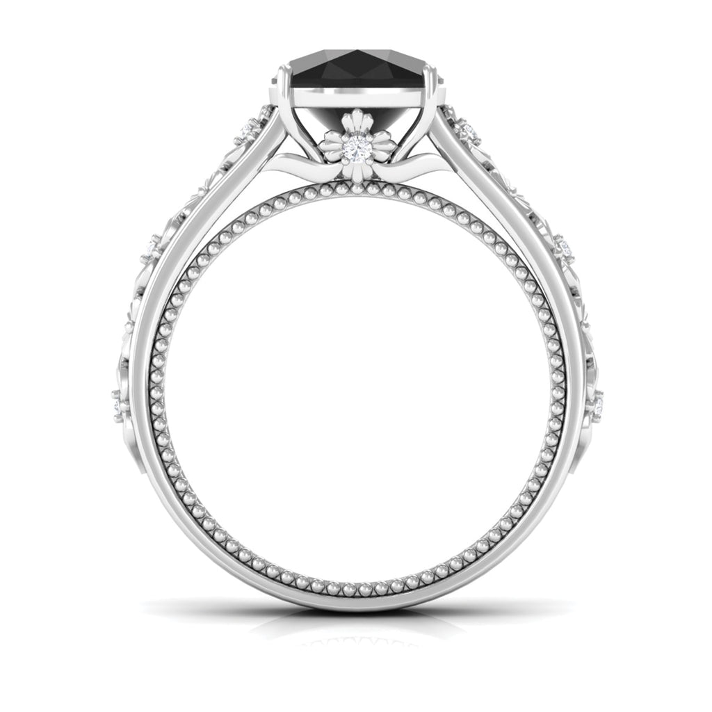 Cushion Cut Solitaire Created Black Diamond and Diamond Floral Engagement Ring Lab Created Black Diamond - ( AAAA ) - Quality - Rosec Jewels
