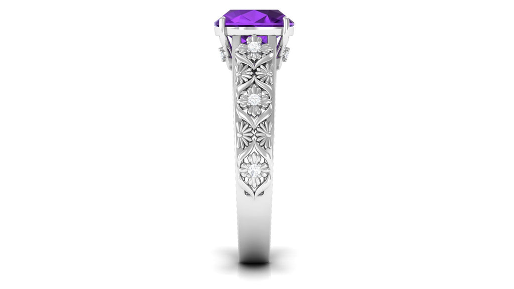 Cushion Cut Solitaire Amethyst Floral Engagement Ring with Diamond Amethyst - ( AAA ) - Quality - Rosec Jewels