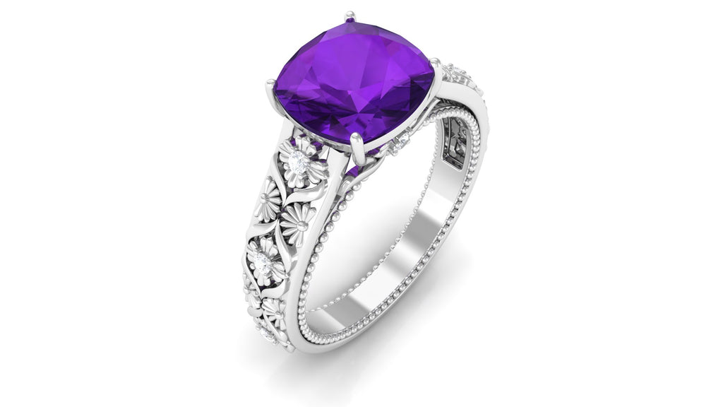 Cushion Cut Solitaire Amethyst Floral Engagement Ring with Diamond Amethyst - ( AAA ) - Quality - Rosec Jewels