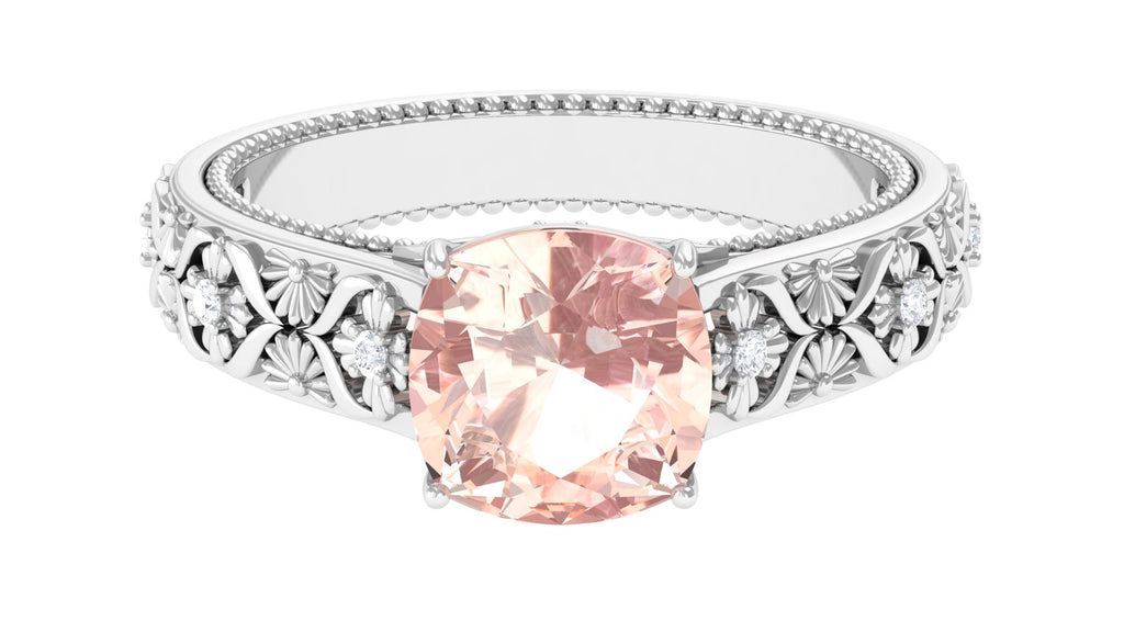 Cushion Cut Solitaire Morganite Floral Engagement Ring with Diamond Morganite - ( AAA ) - Quality - Rosec Jewels