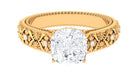 Cushion Cut Solitaire Zircon Gold Floral Engagement Ring Zircon - ( AAAA ) - Quality - Rosec Jewels