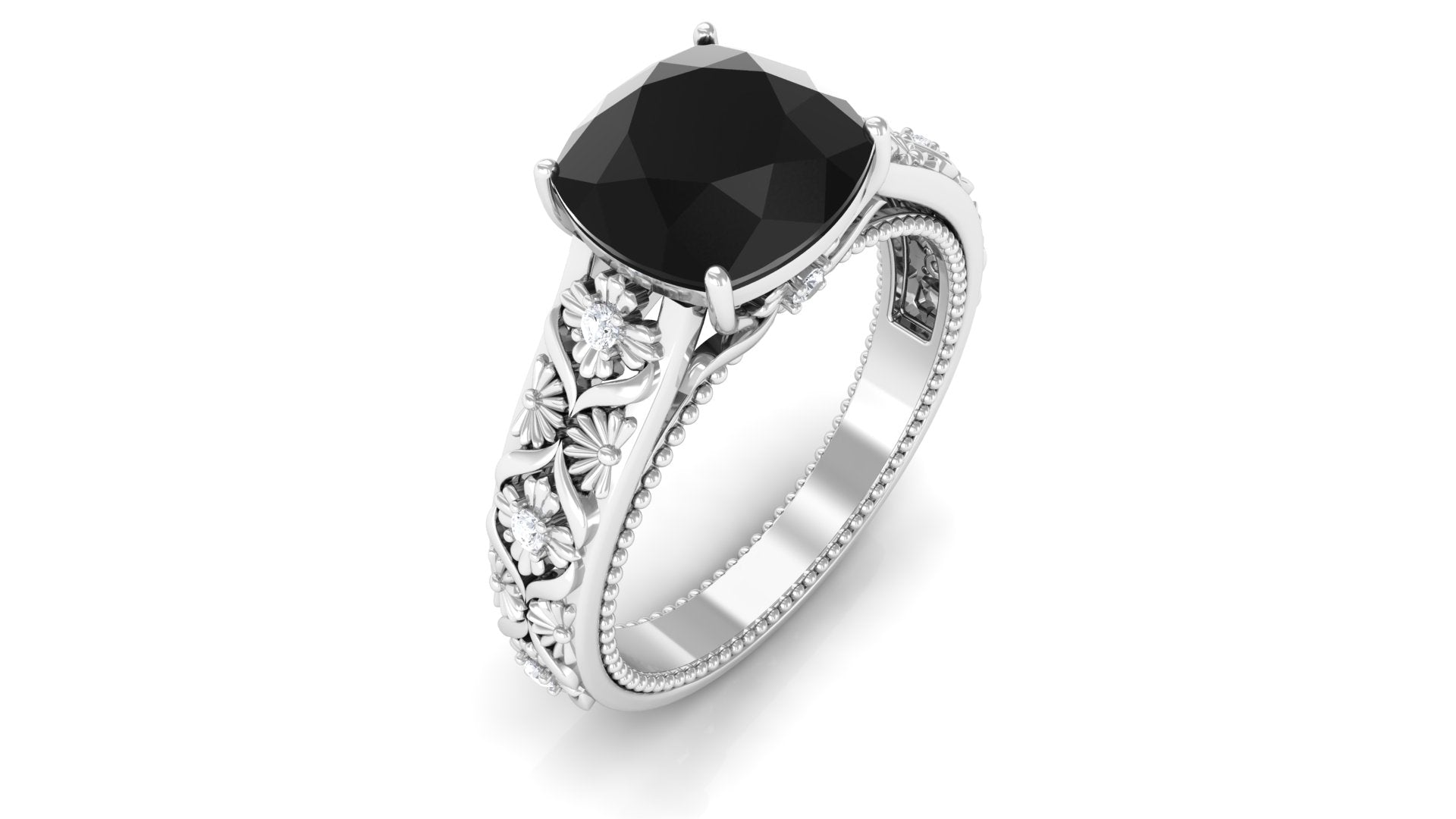 Cushion Cut Solitaire Black Onyx Floral Engagement Ring with Diamond Black Onyx - ( AAA ) - Quality - Rosec Jewels