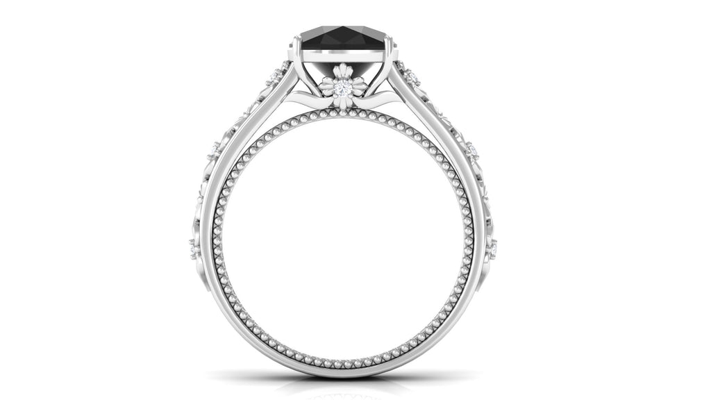 Cushion Cut Solitaire Black Spinel Floral Engagement Ring with Diamond Black Spinel - ( AAA ) - Quality - Rosec Jewels