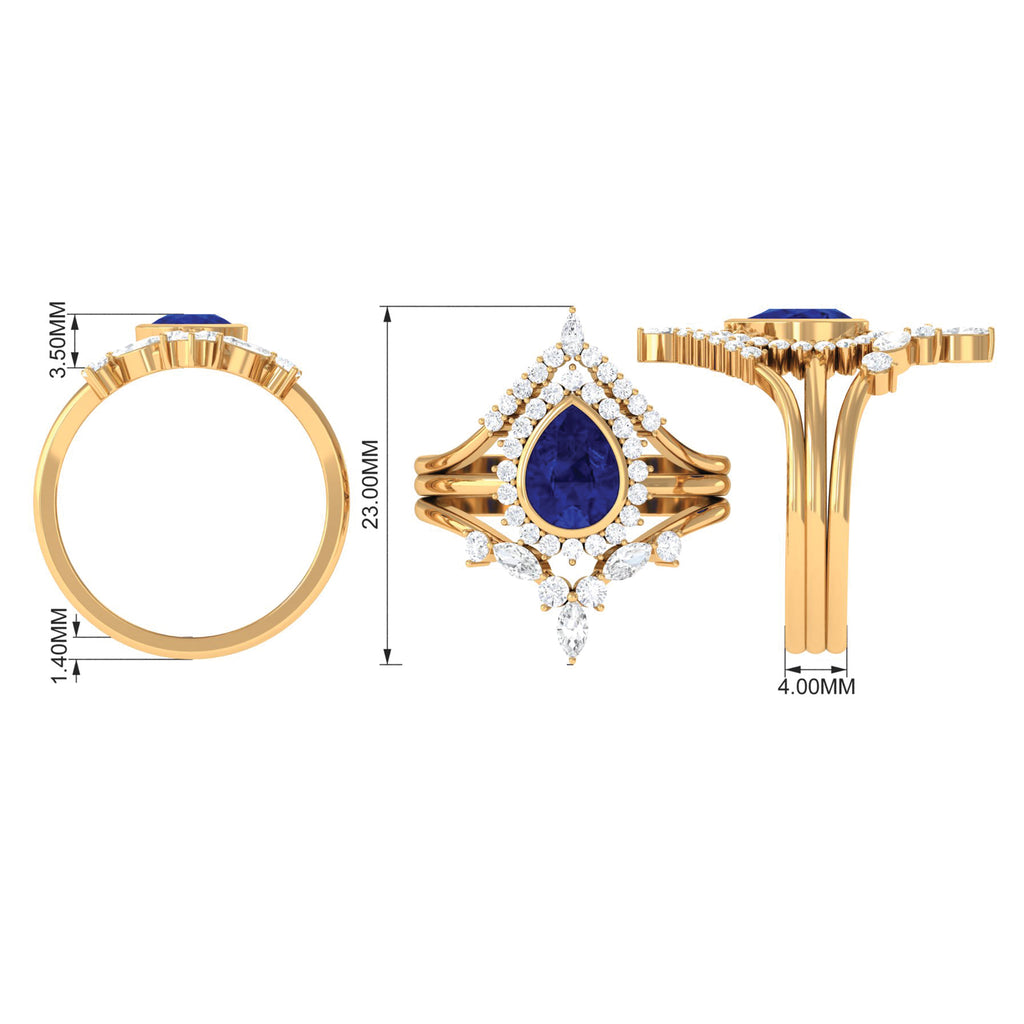 Created Blue Sapphire and Moissanite Art Deco Wedding Ring Set in Gold Lab Created Blue Sapphire - ( AAAA ) - Quality - Rosec Jewels