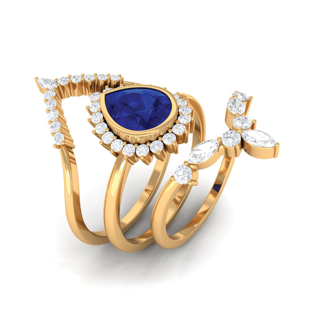 Created Blue Sapphire and Moissanite Art Deco Wedding Ring Set in Gold Lab Created Blue Sapphire - ( AAAA ) - Quality - Rosec Jewels