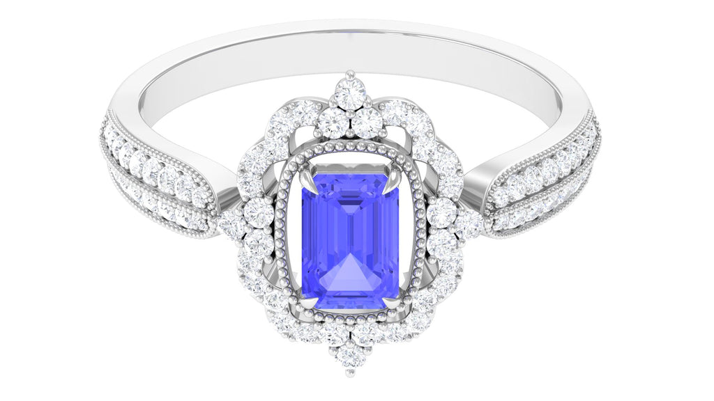 1 CT Vintage Style Emerald Cut Tanzanite Engagement Ring with Diamond Floral Halo Tanzanite - ( AAA ) - Quality - Rosec Jewels