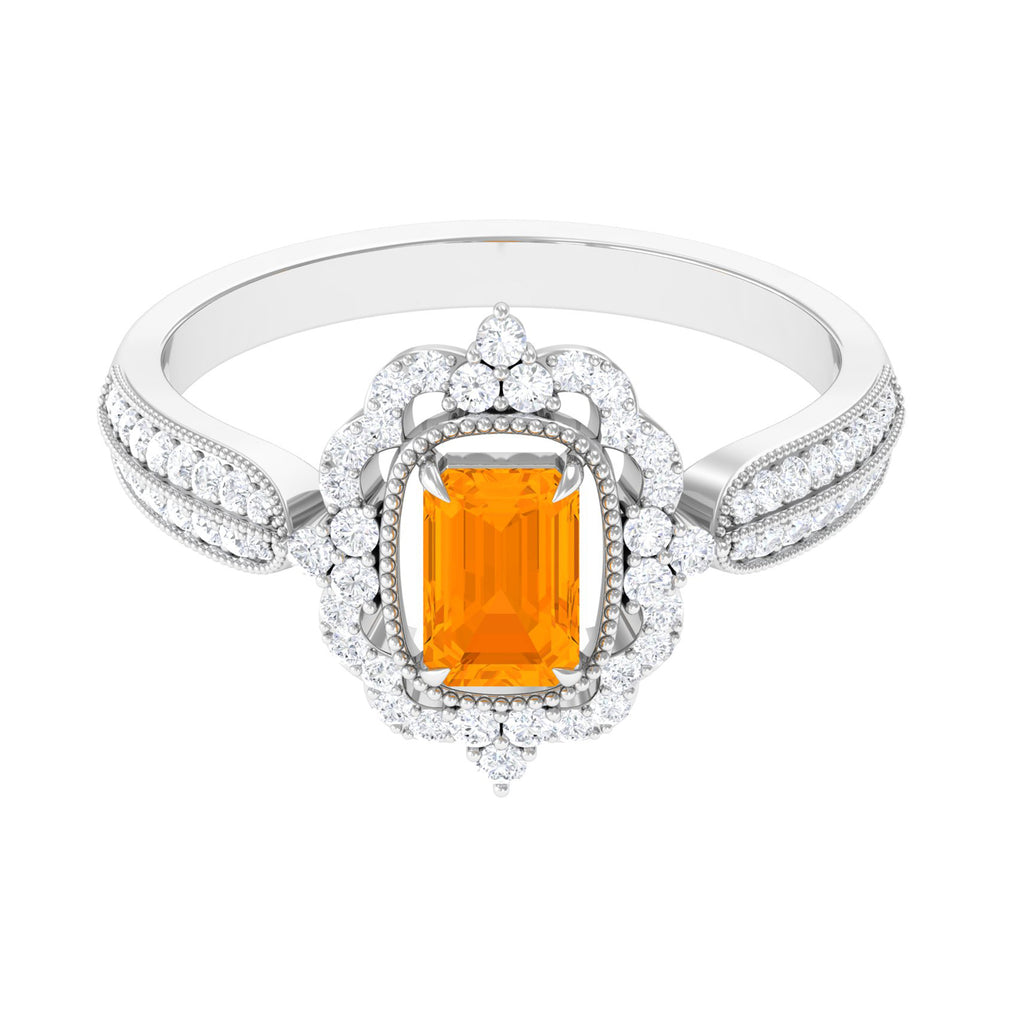 Vintage Style Emerald Cut Fire Opal Engagement Ring with Diamond Floral Halo Fire Opal - ( AAA ) - Quality - Rosec Jewels