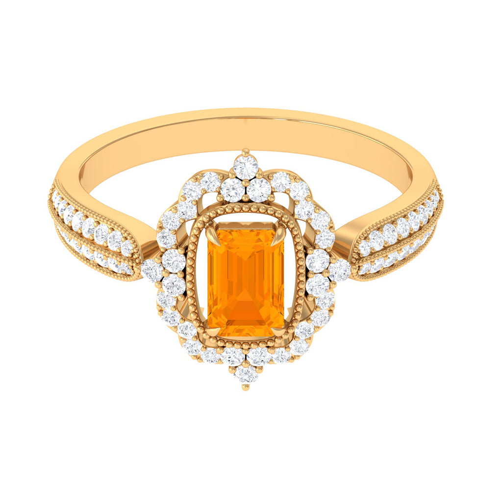 Vintage Style Emerald Cut Fire Opal Engagement Ring with Diamond Floral Halo Fire Opal - ( AAA ) - Quality - Rosec Jewels