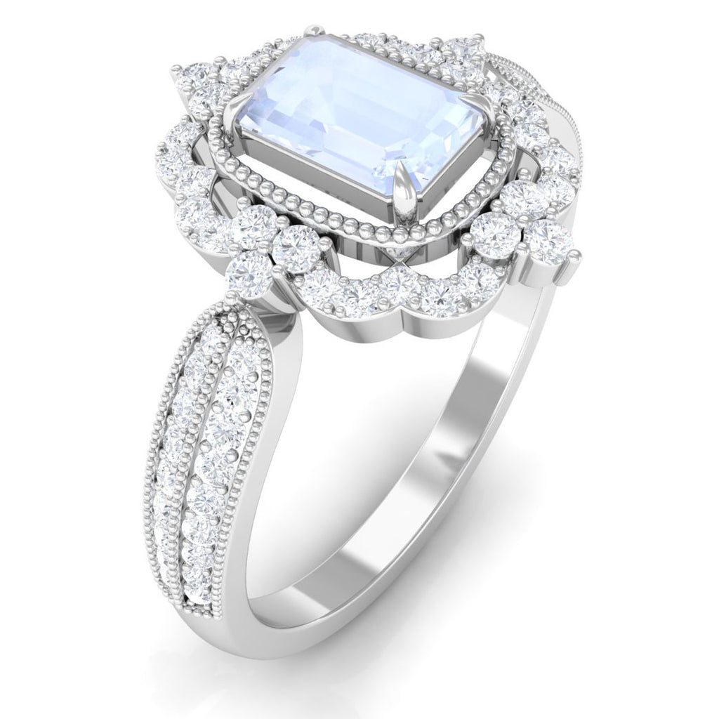 Vintage Style Emerald Cut Moonstone Engagement Ring with Diamond Floral Halo Moonstone - ( AAA ) - Quality - Rosec Jewels