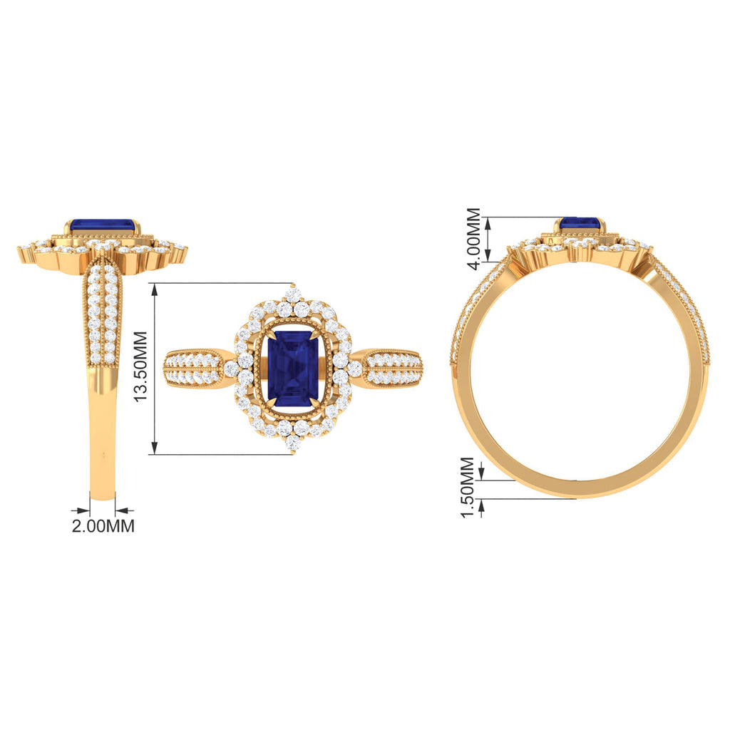Vintage Style Created Blue Sapphire Engagement Ring with Diamond Floral Halo Lab Created Blue Sapphire - ( AAAA ) - Quality - Rosec Jewels
