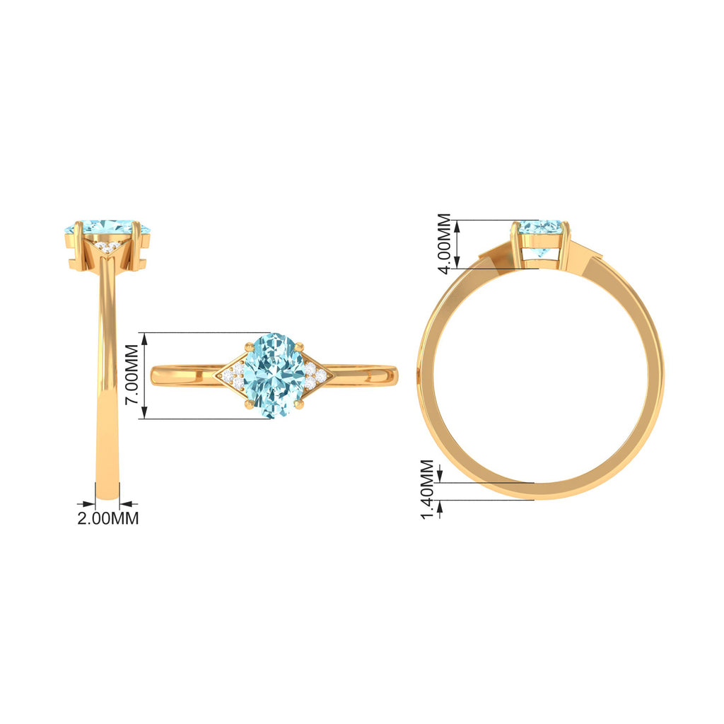 Oval Aquamarine Solitaire Ring with Diamond Accent Aquamarine - ( AAA ) - Quality - Rosec Jewels