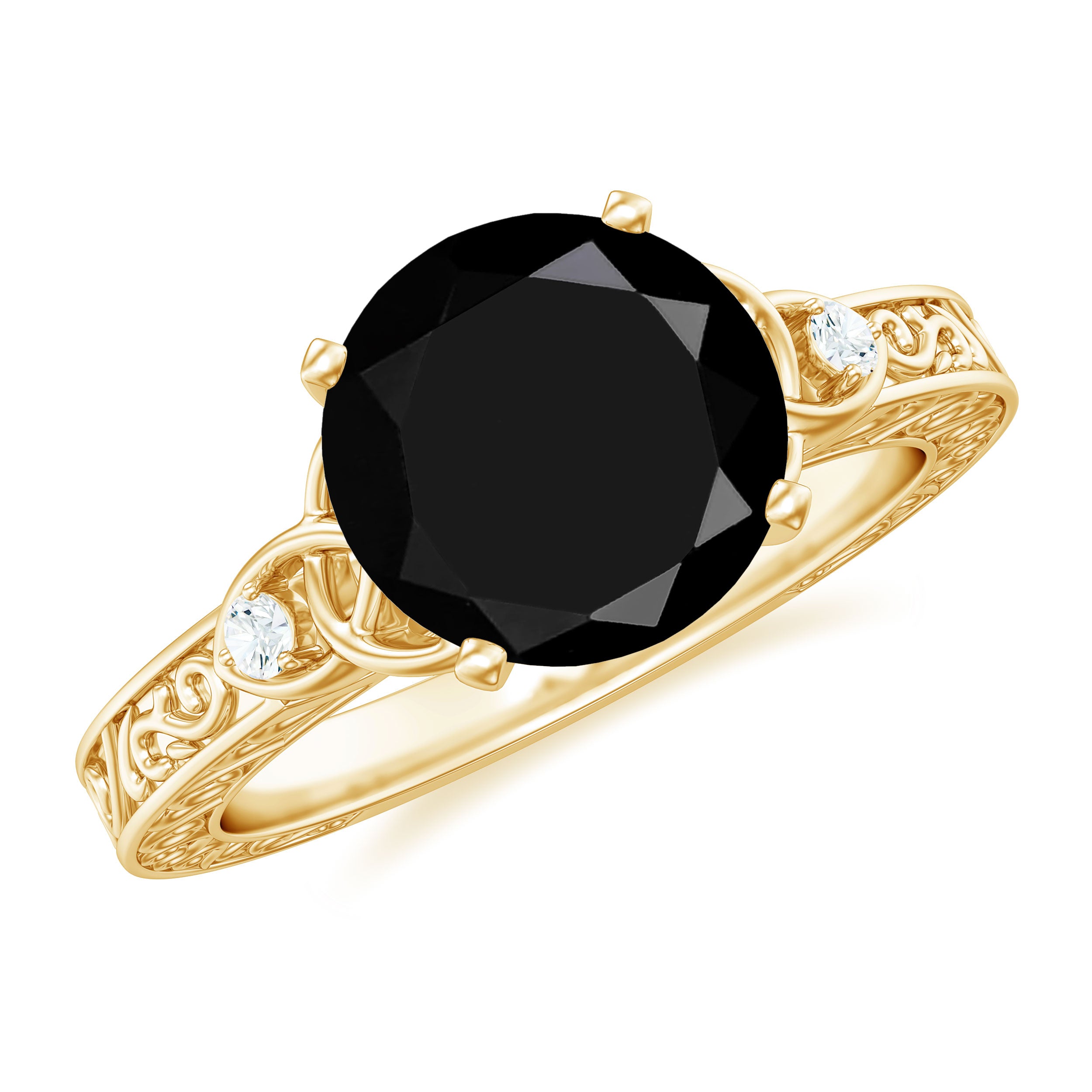 Solitaire Black Onyx Celtic Knot Engagement Ring with Diamond Black Onyx - ( AAA ) - Quality - Rosec Jewels
