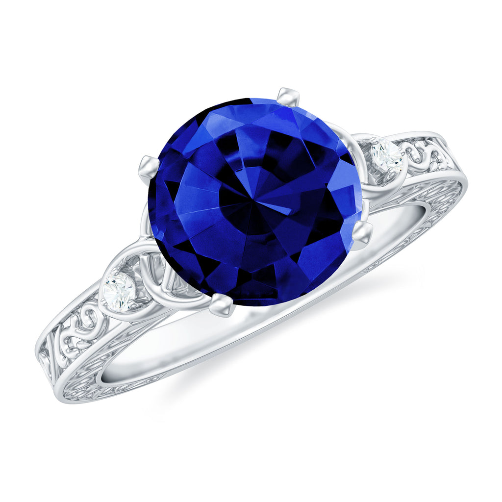 Solitaire Created Blue Sapphire Celtic Knot Engagement Ring with Diamond Lab Created Blue Sapphire - ( AAAA ) - Quality - Rosec Jewels